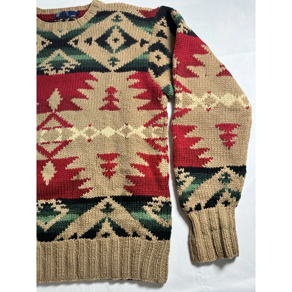 90s Polo Ralph Lauren Hand Knit Southwestern Aztec Wool Sweater Mens L Tan